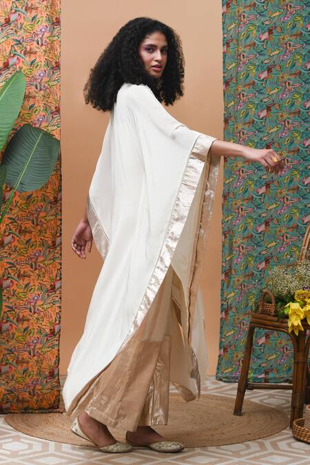 Rishi and Vibhuti_Ivory Cotton Lace, Zari V-neck Azra Draped Kaftan Tunic And Pant Set_Online_at_Aza_Fashions