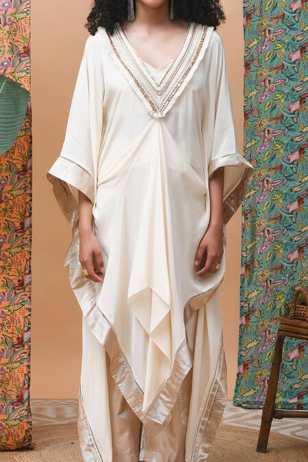 Buy_Rishi and Vibhuti_Ivory Cotton Lace, Zari V-neck Azra Draped Kaftan Tunic And Pant Set_Online_at_Aza_Fashions