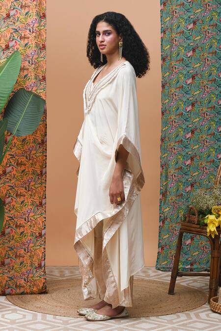 Shop_Rishi and Vibhuti_Ivory Cotton Lace, Zari V-neck Azra Draped Kaftan Tunic And Pant Set_Online_at_Aza_Fashions