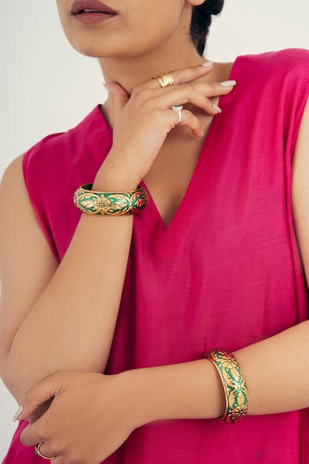 Shop Riti Green Embroidery Kairi Floral Pattern Bangle - Single Pc Online at Aza Fashions Shop_Riti_Green Embroidery Kairi Floral Pattern Bangle - Single Pc _Online_at_Aza_Fashions