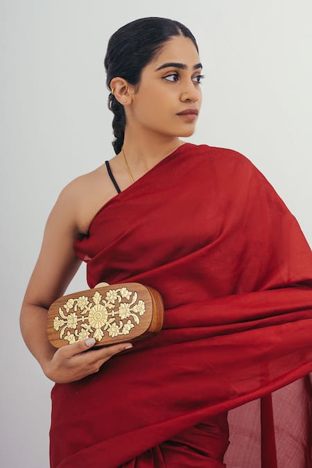 Riti_Brown Badal Floral Pattern Clutch_at_Aza_Fashions