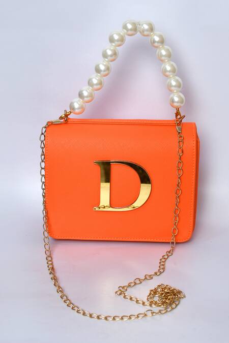 Samyukta Singhania_Orange Acrylic Monogram And Pearl Embellished D - Initial Box Sling Bag_Online_at_Aza_Fashions