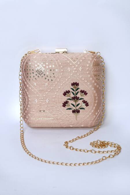 Samyukta Singhania_Peach Sequin And Thread Embroidered Ogee Lucknowi Work Clutch_Online_at_Aza_Fashions