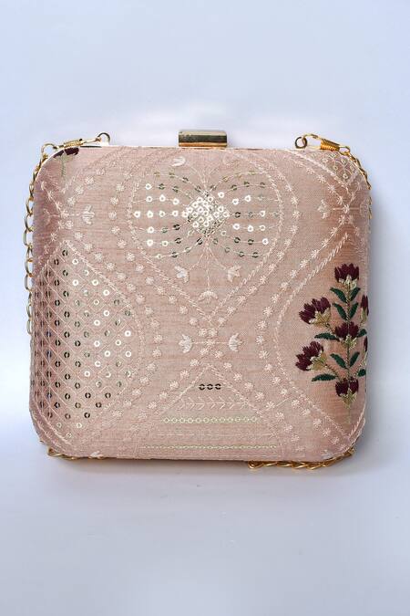 Shop_Samyukta Singhania_Peach Sequin And Thread Embroidered Ogee Lucknowi Work Clutch_Online_at_Aza_Fashions