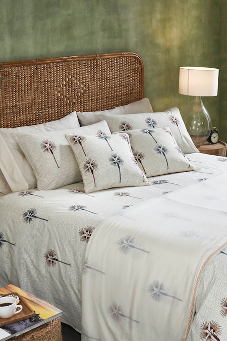 Houmn Cream Cotton Palm Tree Block Print Common Ivy Bedsheet Set 