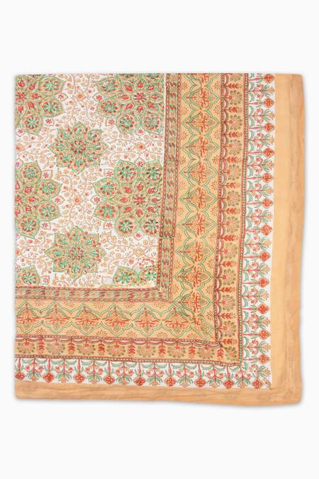 Buy_Houmn_Yellow Cotton Hand Block Printed Yasmin Floral Quilt_Online_at_Aza_Fashions