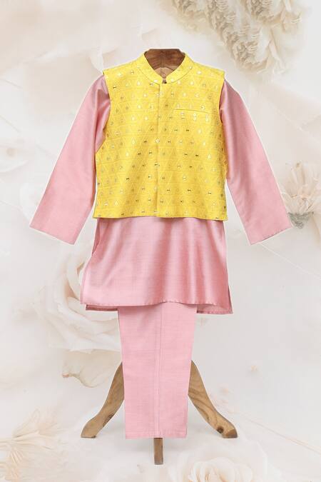 Minime Organics Yellow , Satin Mirrors, Embroidery Jacket And Kurta Set