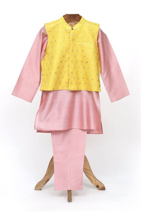 Shop Minime Organics Yellow , Satin Mirrors, Embroidery Jacket And Kurta Set at Aza Fashions Shop_Minime Organics_Yellow , Satin Mirrors, Embroidery Jacket And Kurta Set_at_Aza_Fashions