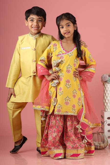 Buy_Minime Organics_Gold Cotton, Silk Sequins Embroidered Jacket And Kurta Set _Online_at_Aza_Fashions