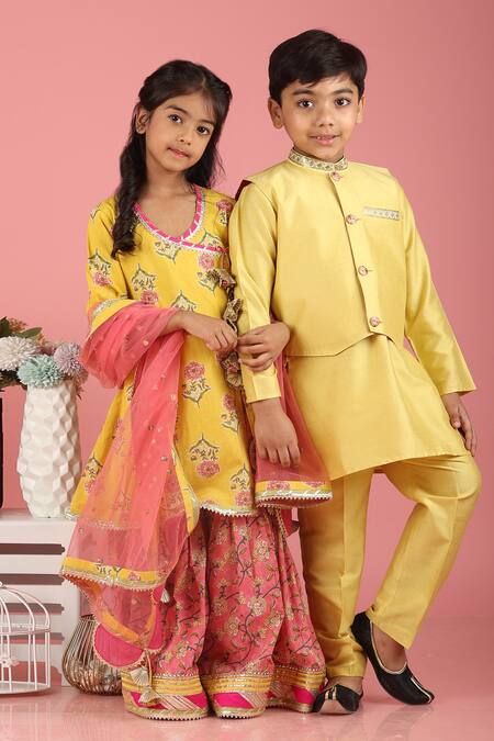 Shop_Minime Organics_Gold Cotton, Silk Sequins Embroidered Jacket And Kurta Set _Online_at_Aza_Fashions