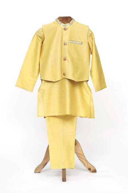 Minime Organics_Gold Cotton, Silk Sequins Embroidered Jacket And Kurta Set _at_Aza_Fashions