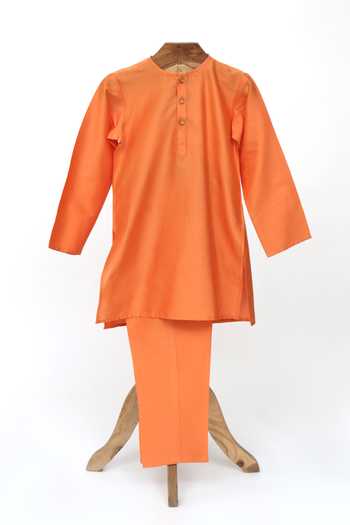 Buy_MINIME ORGANICS_Orange Cotton, Silk Solid Kurta And Pyjama Set _Online_at_Aza_Fashions