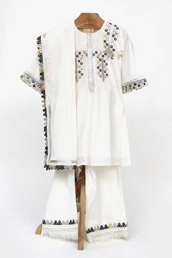 Shop MINIME ORGANICS White Cotton Embroidery, Tassels, Mirrors Kurta Palazzo Set at Aza Fashions Shop_MINIME ORGANICS_White Cotton Embroidery, Tassels, Mirrors Kurta Palazzo Set _at_Aza_Fashions