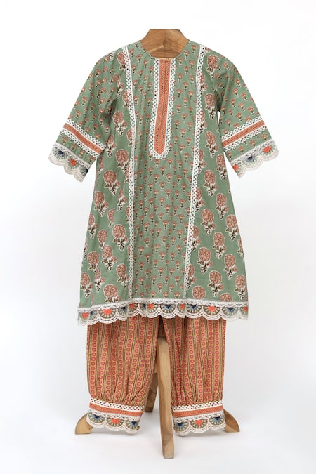 MINIME ORGANICS Green Cotton Hand Block Printed Floral Kurta And Harem Pant Set 