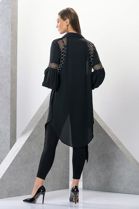 Shop Eli Bitton Black Georgette, Polyester Embroidery, Cut Work, Beads Asymmetric Tunic Pant Set at Aza Fashions Shop_Eli Bitton_Black Georgette, Polyester Embroidery, Cut Work, Beads Asymmetric Tunic Pant Set _at_Aza_Fashions