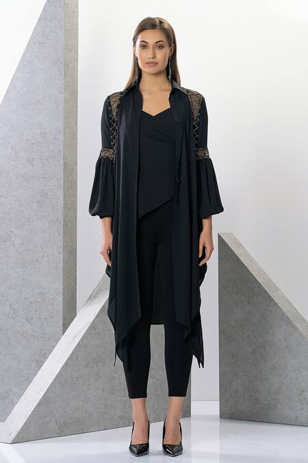 Eli Bitton Black Georgette, Polyester Embroidery, Cut Work, Beads Asymmetric Tunic Pant Set Online at Aza Fashions Eli Bitton_Black Georgette, Polyester Embroidery, Cut Work, Beads Asymmetric Tunic Pant Set _Online_at_Aza_Fashions