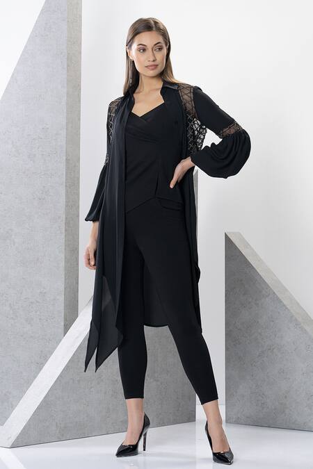 Buy Eli Bitton Black Georgette, Polyester Embroidery, Cut Work, Beads Asymmetric Tunic Pant Set Online at Aza Fashions Buy_Eli Bitton_Black Georgette, Polyester Embroidery, Cut Work, Beads Asymmetric Tunic Pant Set _Online_at_Aza_Fashions