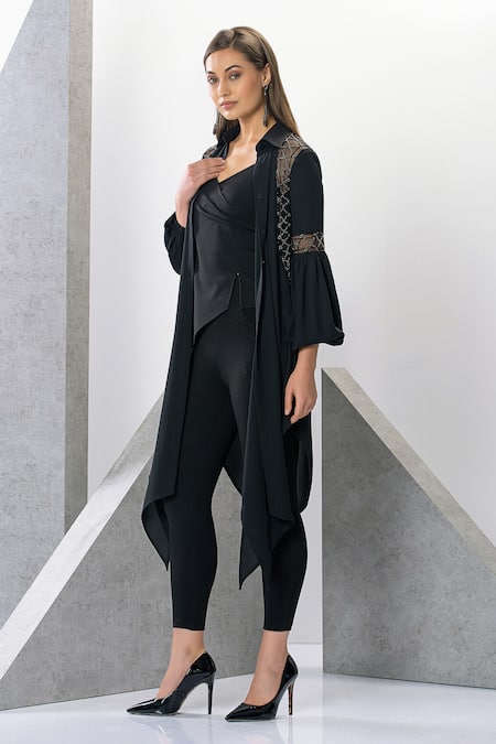 Shop Eli Bitton Black Georgette, Polyester Embroidery, Cut Work, Beads Asymmetric Tunic Pant Set Online at Aza Fashions Shop_Eli Bitton_Black Georgette, Polyester Embroidery, Cut Work, Beads Asymmetric Tunic Pant Set _Online_at_Aza_Fashions