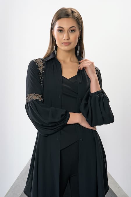 Eli Bitton Black Georgette, Polyester Embroidery, Cut Work, Beads Asymmetric Tunic Pant Set at Aza Fashions Eli Bitton_Black Georgette, Polyester Embroidery, Cut Work, Beads Asymmetric Tunic Pant Set _at_Aza_Fashions