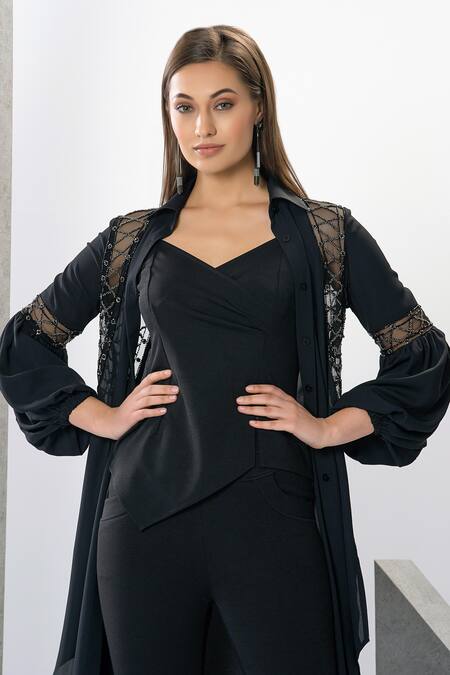Buy Eli Bitton Black Georgette, Polyester Embroidery, Cut Work, Beads Asymmetric Tunic Pant Set Buy_Eli Bitton_Black Georgette, Polyester Embroidery, Cut Work, Beads Asymmetric Tunic Pant Set