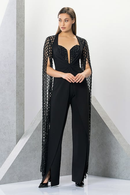 Buy Eli Bitton Black Rayon, Nylon, Spandex, Polyester Embroidery Lizette Cape Sleeve Jumpsuit Online at Aza Fashions Buy_Eli Bitton_Black Rayon, Nylon, Spandex, Polyester Embroidery Lizette Cape Sleeve Jumpsuit _Online_at_Aza_Fashions