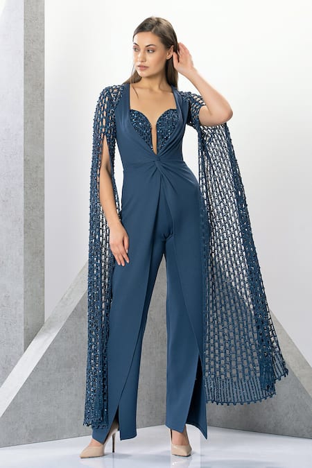 Buy Eli Bitton Blue Rayon, Nylon, Spandex Sequins, Embroidery Lizette Cape Sleeve Jumpsuit Online at Aza Fashions Buy_Eli Bitton_Blue Rayon, Nylon, Spandex Sequins, Embroidery Lizette Cape Sleeve Jumpsuit _Online_at_Aza_Fashions