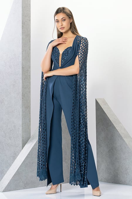 Shop Eli Bitton Blue Rayon, Nylon, Spandex Sequins, Embroidery Lizette Cape Sleeve Jumpsuit Online at Aza Fashions Shop_Eli Bitton_Blue Rayon, Nylon, Spandex Sequins, Embroidery Lizette Cape Sleeve Jumpsuit _Online_at_Aza_Fashions