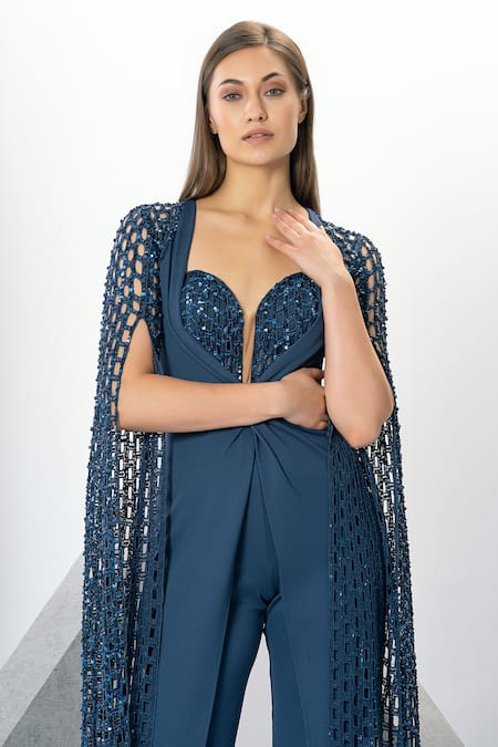 Eli Bitton Blue Rayon, Nylon, Spandex Sequins, Embroidery Lizette Cape Sleeve Jumpsuit at Aza Fashions Eli Bitton_Blue Rayon, Nylon, Spandex Sequins, Embroidery Lizette Cape Sleeve Jumpsuit _at_Aza_Fashions