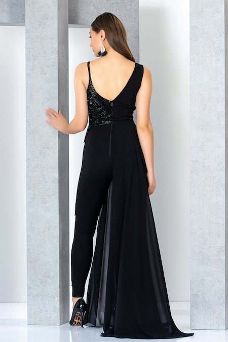 Shop Eli Bitton Black Rayon, Nylon, Spandex, Viscose Sequins, Embroidery Draped Jumpsuit at Aza Fashions Shop_Eli Bitton_Black Rayon, Nylon, Spandex, Viscose Sequins, Embroidery Draped Jumpsuit _at_Aza_Fashions