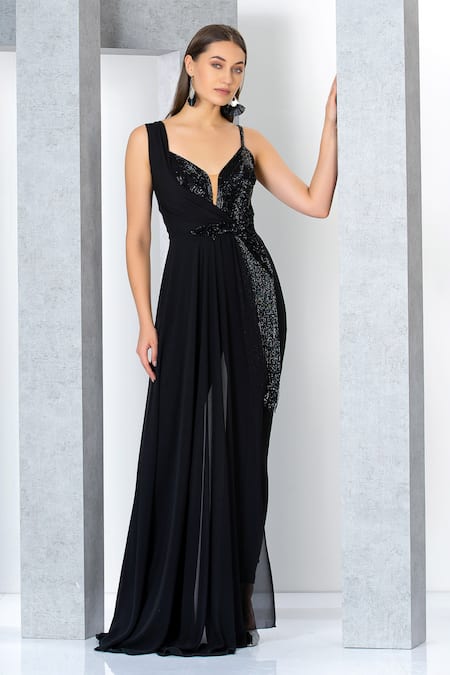Eli Bitton Black Rayon, Nylon, Spandex, Viscose Sequins, Embroidery Draped Jumpsuit Online at Aza Fashions Eli Bitton_Black Rayon, Nylon, Spandex, Viscose Sequins, Embroidery Draped Jumpsuit _Online_at_Aza_Fashions
