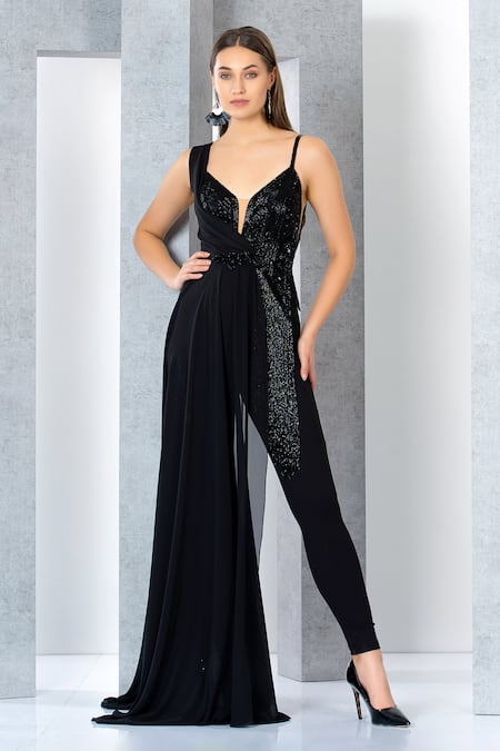 Buy Eli Bitton Black Rayon, Nylon, Spandex, Viscose Sequins, Embroidery Draped Jumpsuit Online at Aza Fashions Buy_Eli Bitton_Black Rayon, Nylon, Spandex, Viscose Sequins, Embroidery Draped Jumpsuit _Online_at_Aza_Fashions