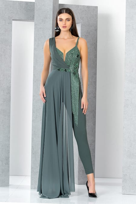Eli Bitton Green Rayon, Nylon, Spandex, Viscose Emily Dana Embroidered Draped Jumpsuit Online at Aza Fashions Eli Bitton_Green Rayon, Nylon, Spandex, Viscose Emily Dana Embroidered Draped Jumpsuit _Online_at_Aza_Fashions