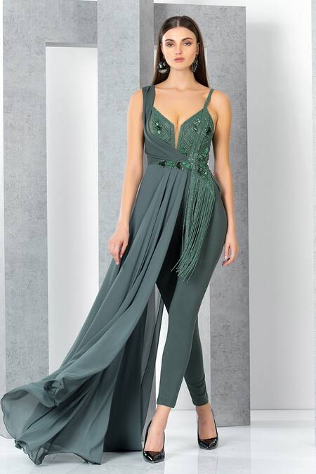 Buy Eli Bitton Green Rayon, Nylon, Spandex, Viscose Emily Dana Embroidered Draped Jumpsuit Online at Aza Fashions Buy_Eli Bitton_Green Rayon, Nylon, Spandex, Viscose Emily Dana Embroidered Draped Jumpsuit _Online_at_Aza_Fashions