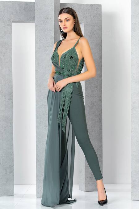 Shop Eli Bitton Green Rayon, Nylon, Spandex, Viscose Emily Dana Embroidered Draped Jumpsuit Online at Aza Fashions Shop_Eli Bitton_Green Rayon, Nylon, Spandex, Viscose Emily Dana Embroidered Draped Jumpsuit _Online_at_Aza_Fashions