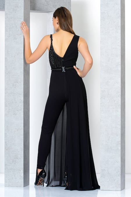Shop Eli Bitton Black Rayon, Nylon, Spandex, Viscose, Batel Embroidered Draped Jumpsuit at Aza Fashions Shop_Eli Bitton_Black Rayon, Nylon, Spandex, Viscose, Batel Embroidered Draped Jumpsuit _at_Aza_Fashions