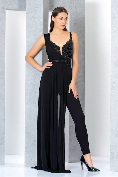 Eli Bitton Black Rayon, Nylon, Spandex, Viscose, Batel Embroidered Draped Jumpsuit Online at Aza Fashions Eli Bitton_Black Rayon, Nylon, Spandex, Viscose, Batel Embroidered Draped Jumpsuit _Online_at_Aza_Fashions