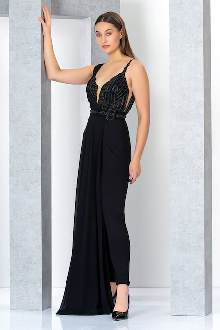 Buy Eli Bitton Black Rayon, Nylon, Spandex, Viscose, Batel Embroidered Draped Jumpsuit Online at Aza Fashions Buy_Eli Bitton_Black Rayon, Nylon, Spandex, Viscose, Batel Embroidered Draped Jumpsuit _Online_at_Aza_Fashions