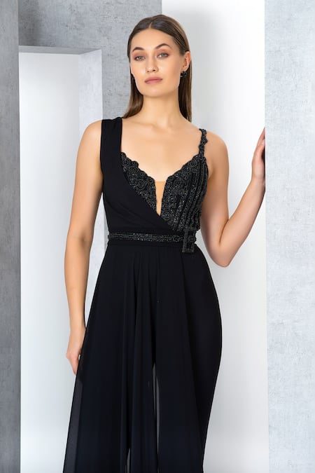 Eli Bitton Black Rayon, Nylon, Spandex, Viscose, Batel Embroidered Draped Jumpsuit at Aza Fashions Eli Bitton_Black Rayon, Nylon, Spandex, Viscose, Batel Embroidered Draped Jumpsuit _at_Aza_Fashions