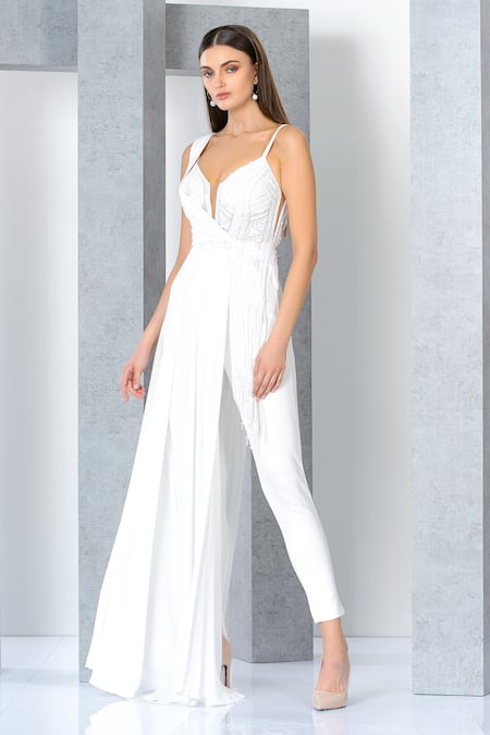 Eli Bitton_White Rayon, Nylon, Spandex, Viscose Emily Cut Dana Work Draped Jumpsuit _Online_at_Aza_Fashions