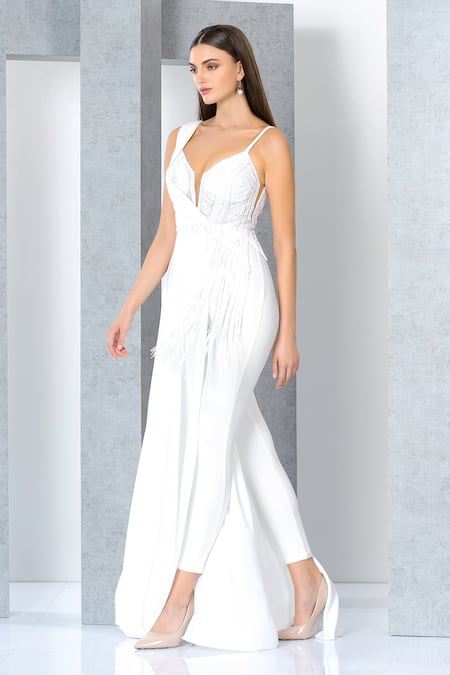 Shop_Eli Bitton_White Rayon, Nylon, Spandex, Viscose Emily Cut Dana Work Draped Jumpsuit _Online_at_Aza_Fashions