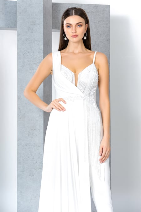 Eli Bitton_White Rayon, Nylon, Spandex, Viscose Emily Cut Dana Work Draped Jumpsuit _at_Aza_Fashions