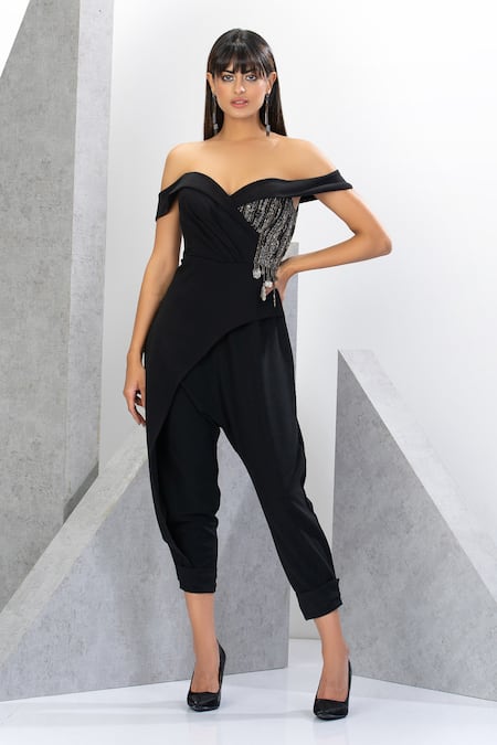 Eli Bitton Off Shoulder Embroidered Yoke Jumpsuit 
