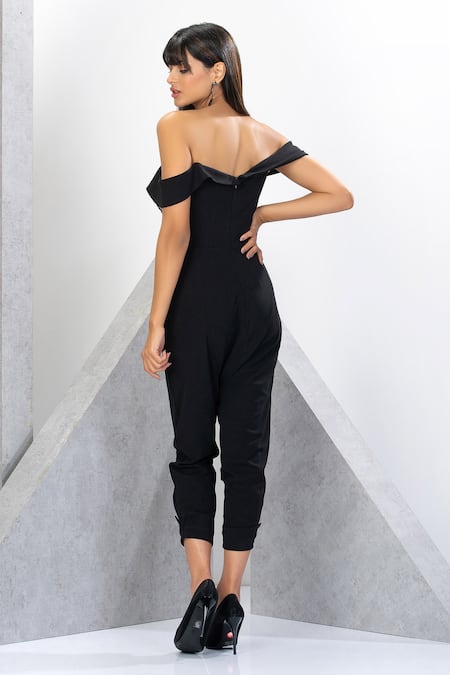 Shop Eli Bitton Black Polyester, Spandex Sequins Off-shoulder Off Embroidered Yoke Jumpsuit at Aza Fashions Shop_Eli Bitton_Black Polyester, Spandex Sequins Off-shoulder Off Embroidered Yoke Jumpsuit _at_Aza_Fashions