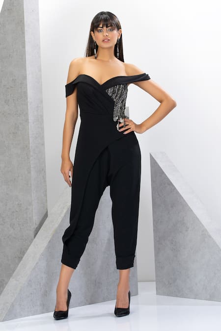 Eli Bitton Black Polyester, Spandex Sequins Off-shoulder Off Embroidered Yoke Jumpsuit Online at Aza Fashions Eli Bitton_Black Polyester, Spandex Sequins Off-shoulder Off Embroidered Yoke Jumpsuit _Online_at_Aza_Fashions