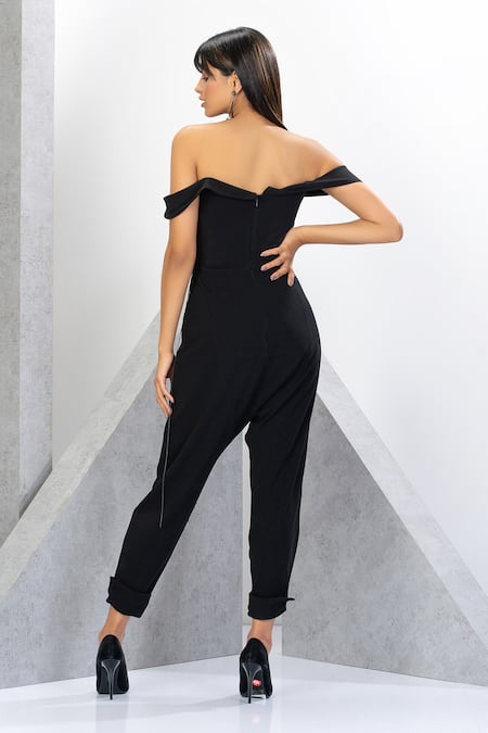 Shop Eli Bitton Black Polyester, Spandex Beads, Chains Off-shoulder Off Draped Jumpsuit at Aza Fashions Shop_Eli Bitton_Black Polyester, Spandex Beads, Chains Off-shoulder Off Draped Jumpsuit _at_Aza_Fashions