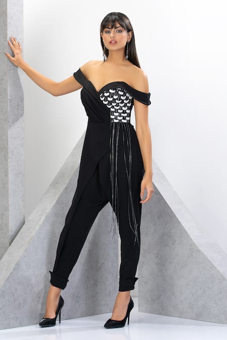 Buy Eli Bitton Black Polyester, Spandex Beads, Chains Off-shoulder Off Draped Jumpsuit Online at Aza Fashions Buy_Eli Bitton_Black Polyester, Spandex Beads, Chains Off-shoulder Off Draped Jumpsuit _Online_at_Aza_Fashions