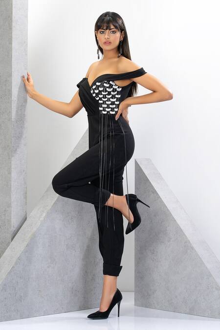 Shop Eli Bitton Black Polyester, Spandex Beads, Chains Off-shoulder Off Draped Jumpsuit Online at Aza Fashions Shop_Eli Bitton_Black Polyester, Spandex Beads, Chains Off-shoulder Off Draped Jumpsuit _Online_at_Aza_Fashions
