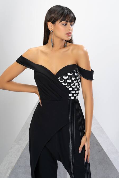 Eli Bitton Black Polyester, Spandex Beads, Chains Off-shoulder Off Draped Jumpsuit at Aza Fashions Eli Bitton_Black Polyester, Spandex Beads, Chains Off-shoulder Off Draped Jumpsuit _at_Aza_Fashions