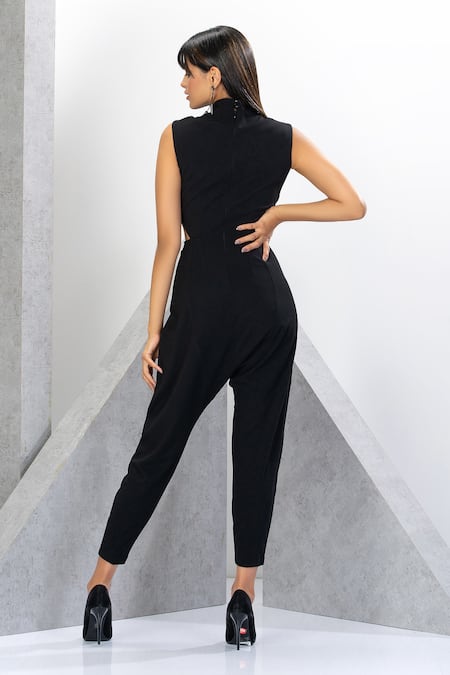 Shop Eli Bitton Black Polyester, Spandex Beads, Embroidery High Neck Panelled Jumpsuit at Aza Fashions Shop_Eli Bitton_Black Polyester, Spandex Beads, Embroidery High Neck Panelled Jumpsuit _at_Aza_Fashions