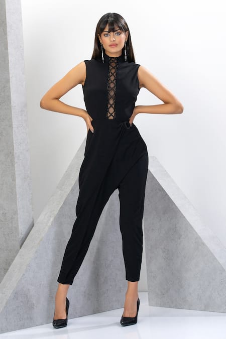 Buy Eli Bitton Black Polyester, Spandex Beads, Embroidery High Neck Panelled Jumpsuit Online at Aza Fashions Buy_Eli Bitton_Black Polyester, Spandex Beads, Embroidery High Neck Panelled Jumpsuit _Online_at_Aza_Fashions